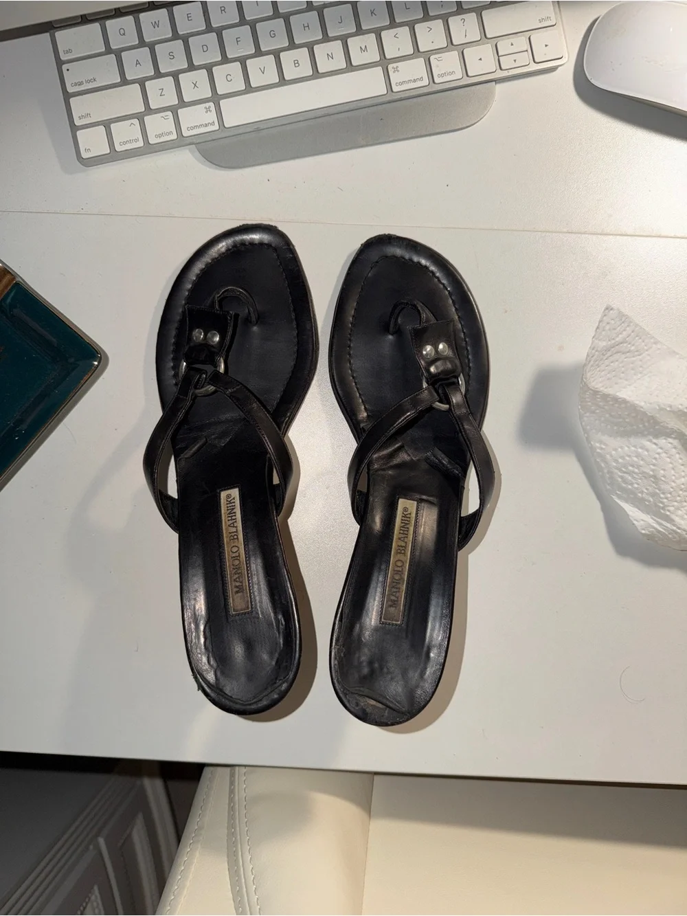 Manolo Blahnik Black Leather Thong Sandals with Toe Loop